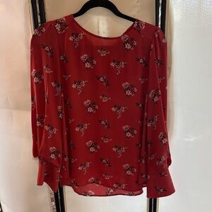 LOFT Red Floral Long-Sleeve Blouse